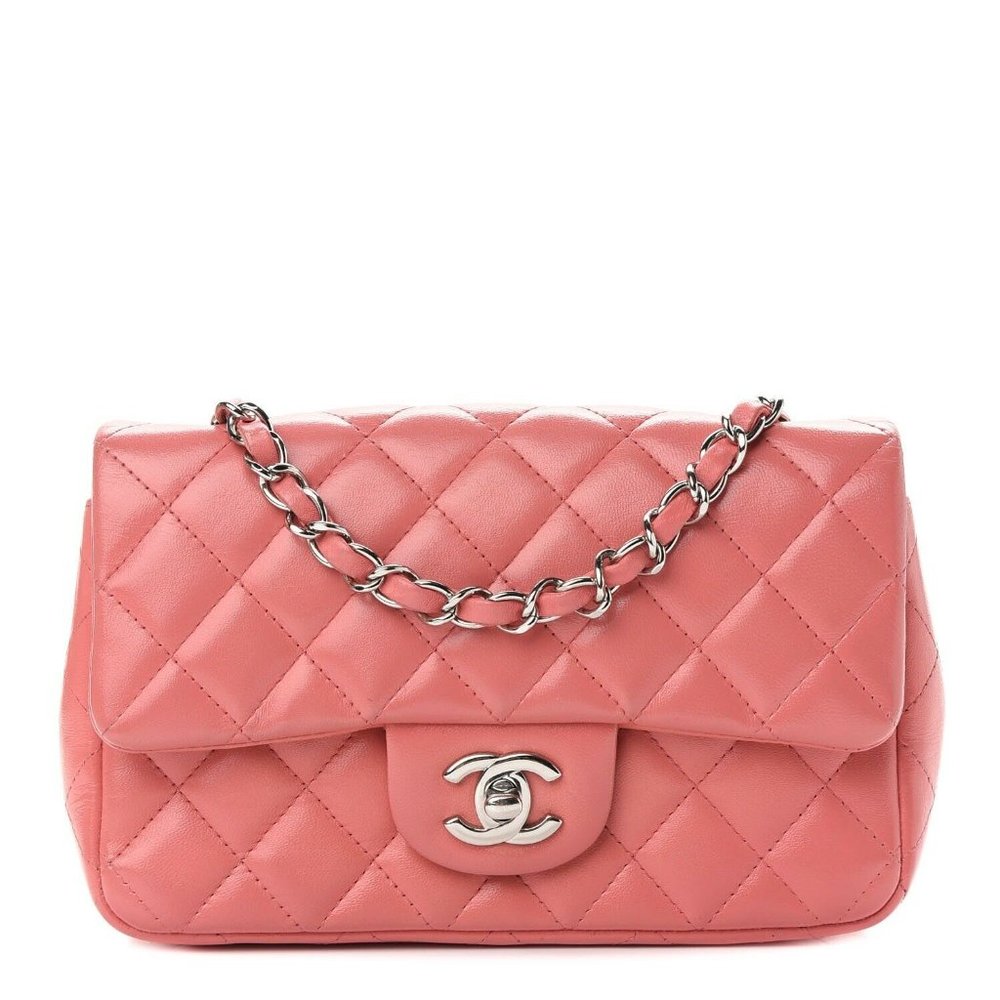 Chanel Mini Classic Flap Pink Coral Orange Lambskin Rectangular Crossbody Silver - Picture 1 of 15